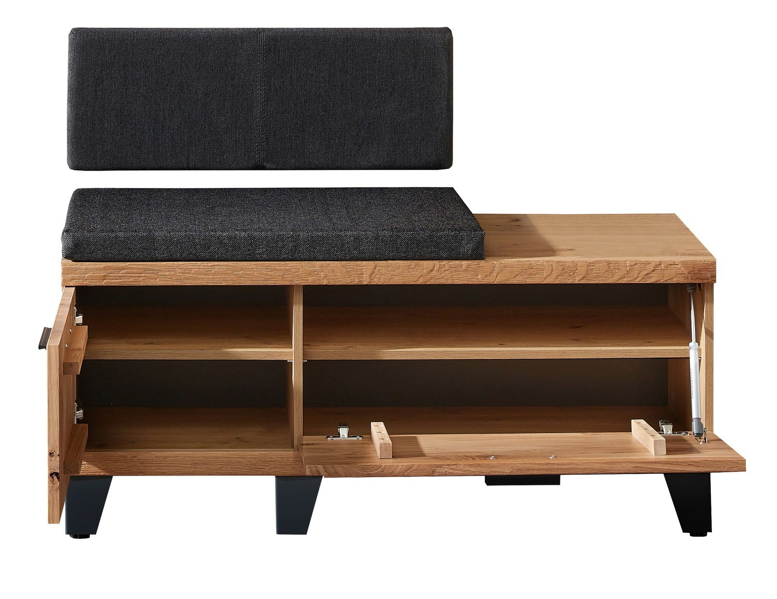 Frontale Ansicht einer XL-Garderobenbank aus Holz mit schwarzem Polster und offenen Fächern zur Aufbewahrung.