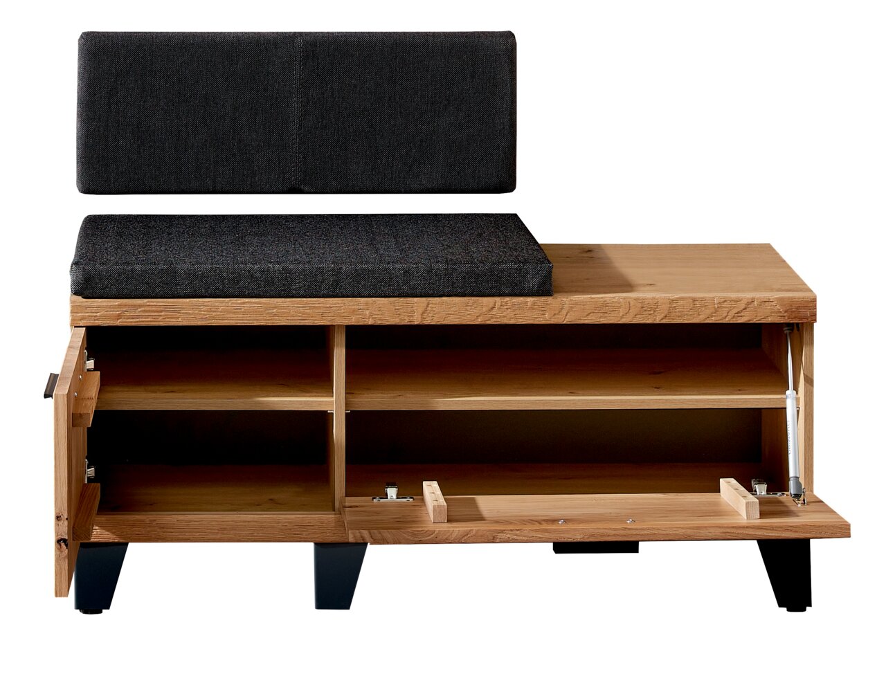 Frontale Ansicht einer XL-Garderobenbank aus Holz mit schwarzem Polster und offenen Fächern zur Aufbewahrung.