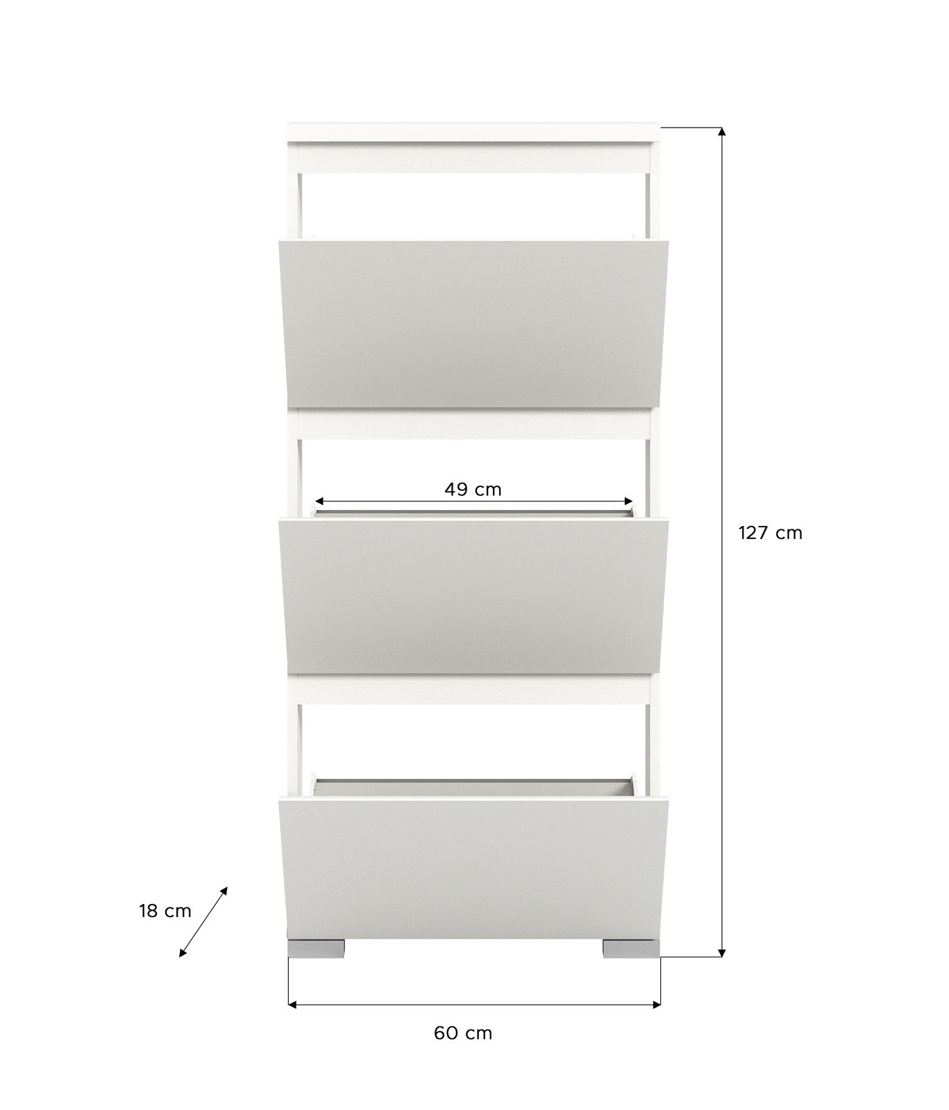 Frontansicht eines weißen Schuhschranks mit drei Klappfächern, Maße: 127 cm hoch, 60 cm breit, 18 cm tief.