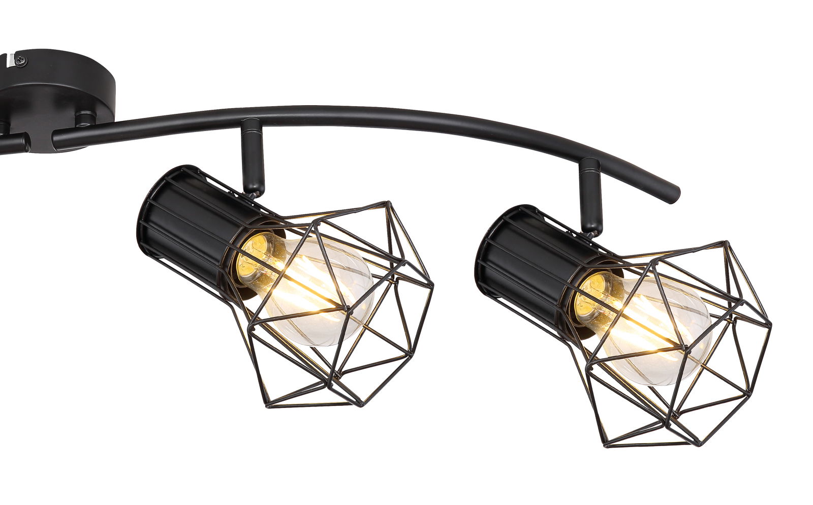 Schwarzer Metallstrahler mit zwei verstellbaren Leuchten in geometrischem Design, seitliche Perspektive