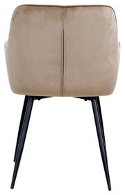 Rückansicht eines beigen Armlehnstuhls mit schwarzen Metallbeinen