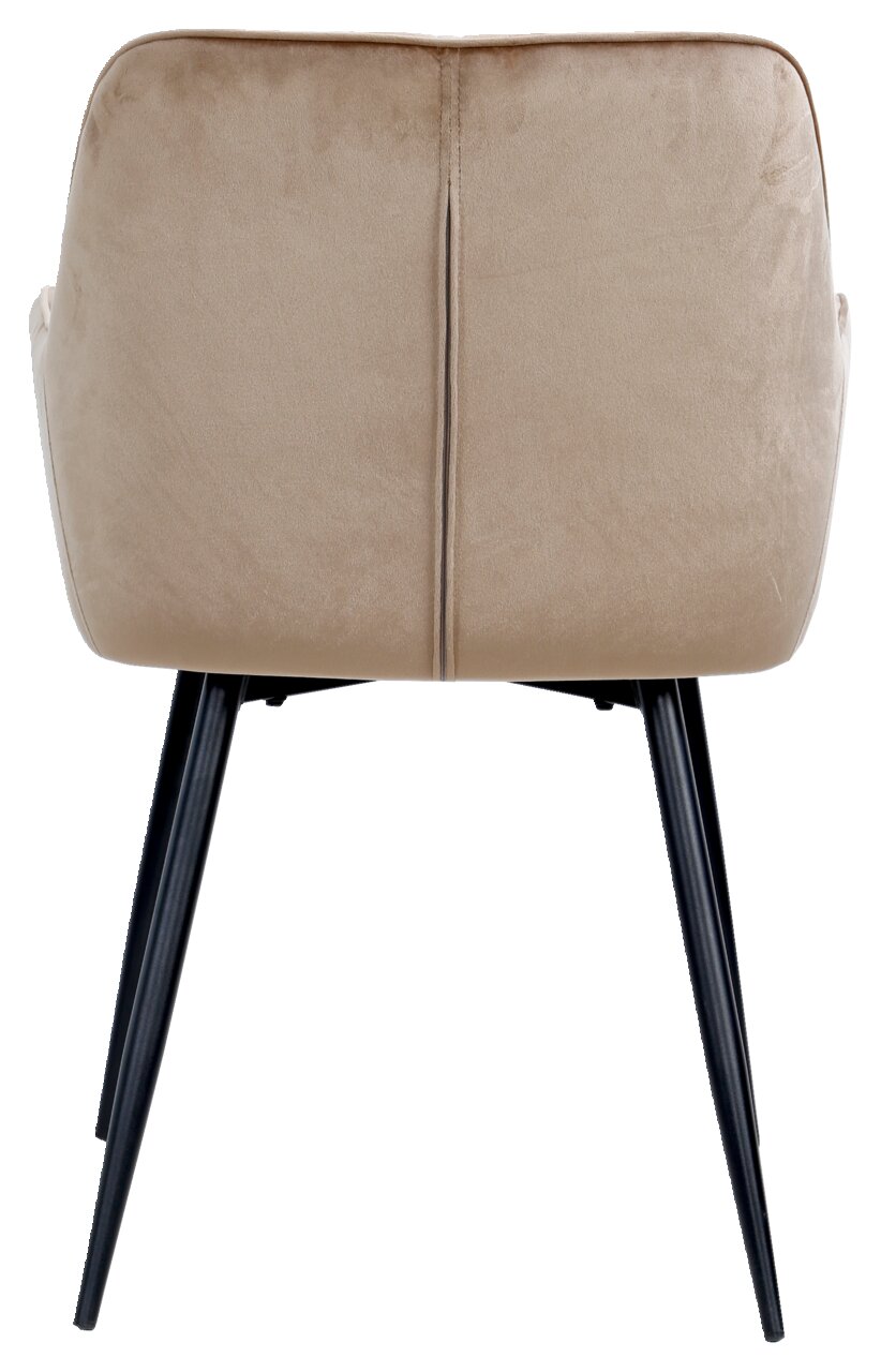 Rückansicht eines beigen Armlehnstuhls mit schwarzen Metallbeinen