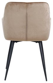 Rückansicht eines beigen Armlehnstuhls mit schwarzen Metallbeinen