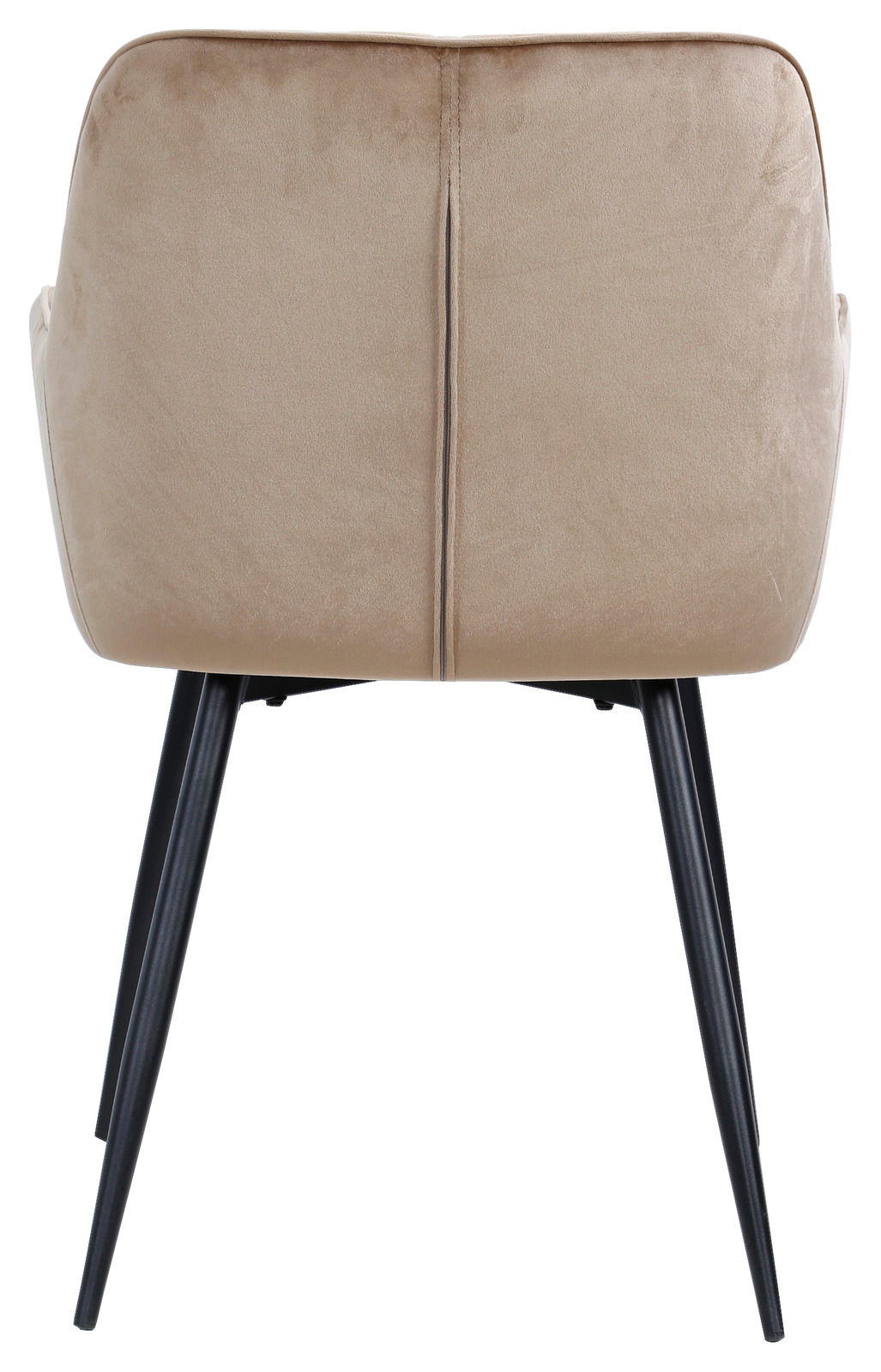 Rückansicht eines beigen Armlehnstuhls mit schwarzen Metallbeinen