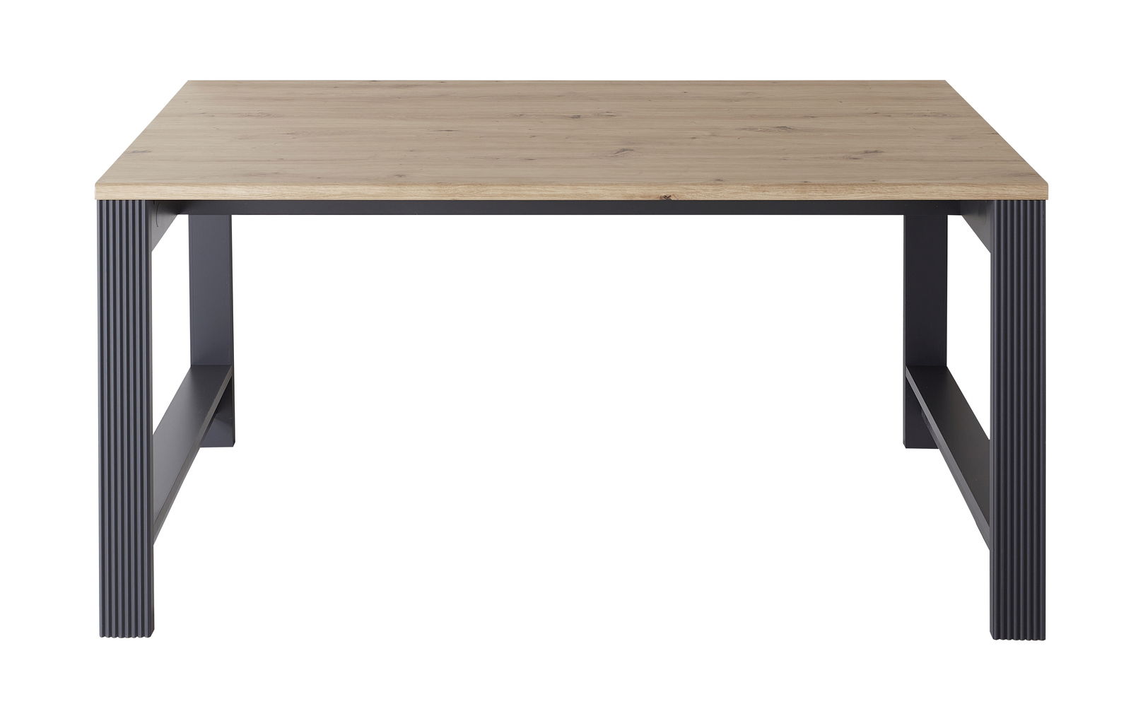 Moderner Schreibtisch mit Holzplatte und schwarzen Metallbeinen, Frontalansicht