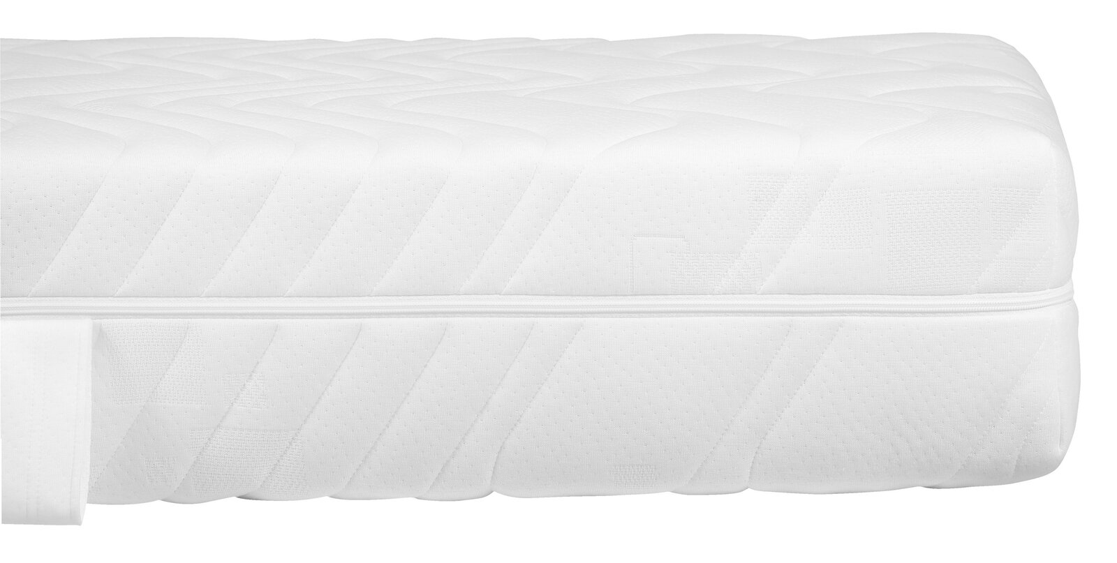 Seitenansicht einer weißen Taschenfederkernmatratze mit gestepptem Bezug und Reißverschluss.