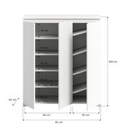 Weißer Schuhschrank mit zwei Türen, geöffnet, zeigt mehrere Regalböden. Frontale Perspektive.