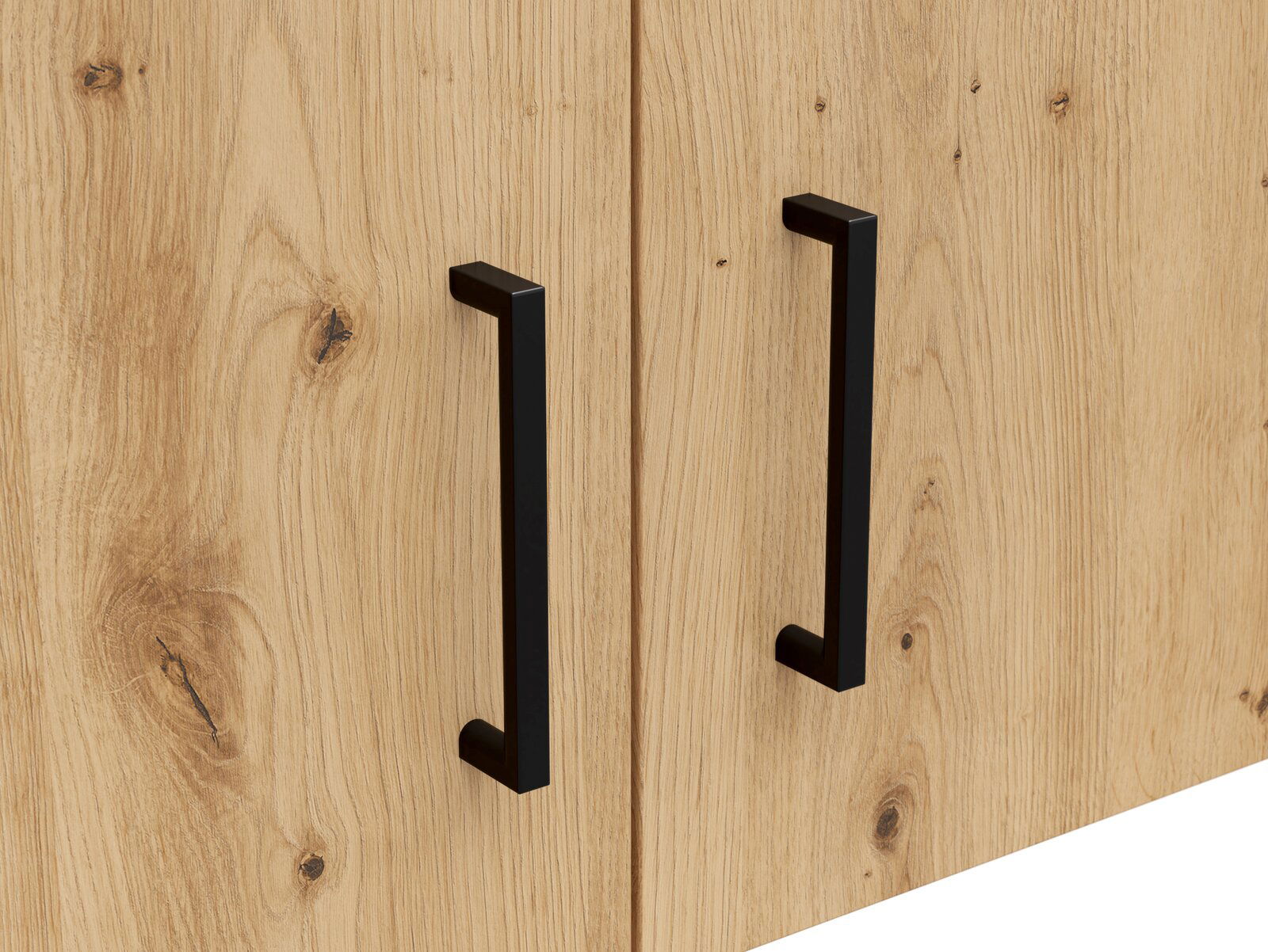 Nahaufnahme eines Holzschranks mit zwei schwarzen Griffen, Frontansicht