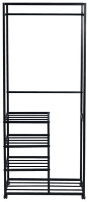 Schwarzer Garderobenwagen mit mehreren Regalböden, frontal abgebildet.