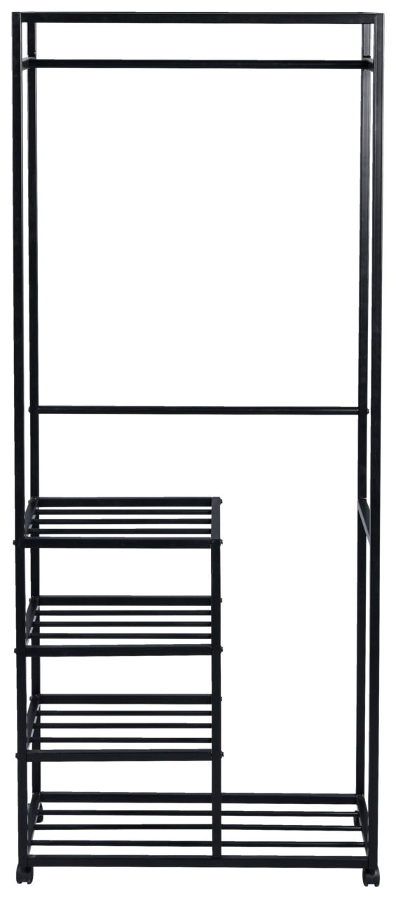 Schwarzer Garderobenwagen mit mehreren Regalböden, frontal abgebildet.