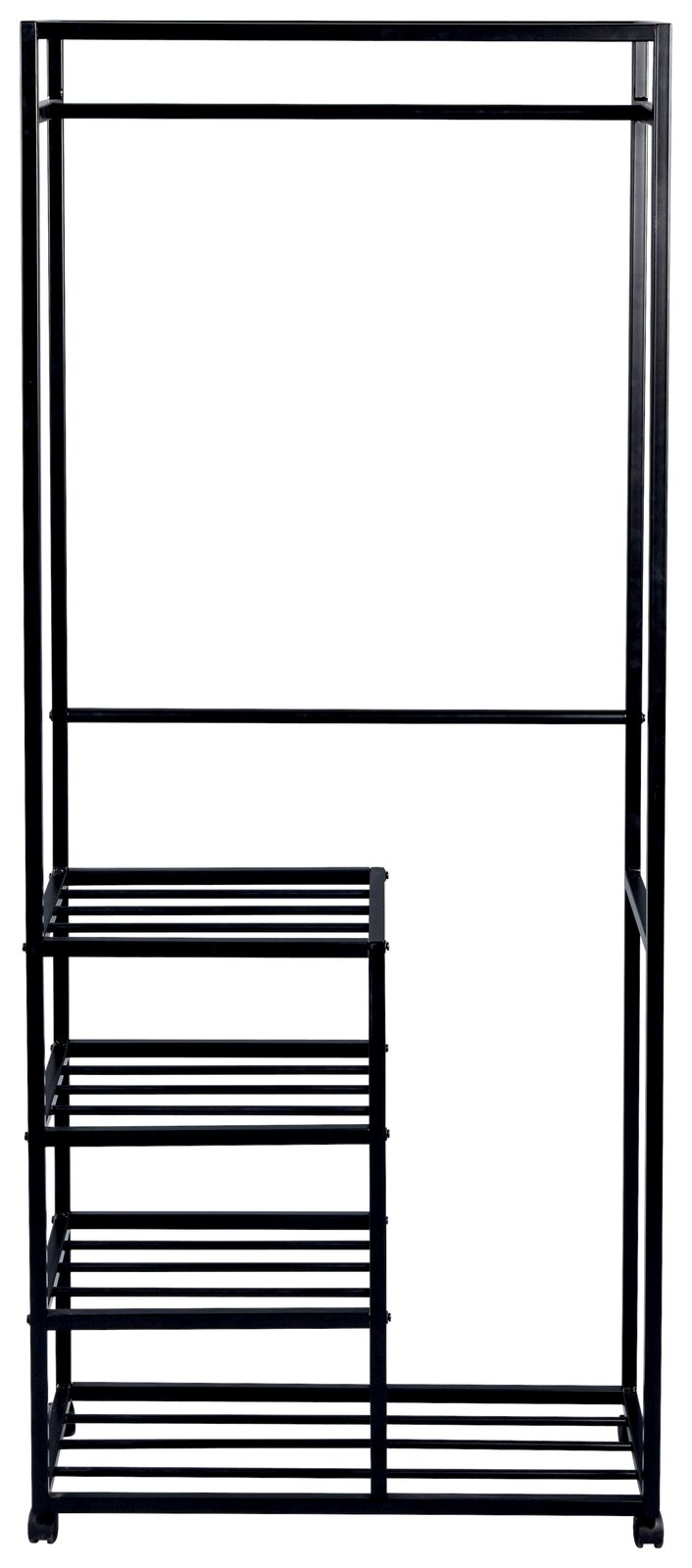 Schwarzer Garderobenwagen mit mehreren Regalböden, frontal abgebildet.