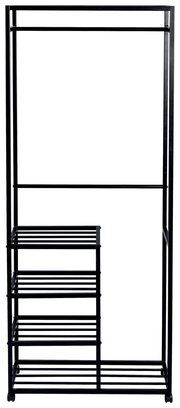 Schwarzer Garderobenwagen mit mehreren Regalböden, frontal abgebildet.