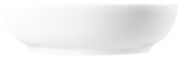 Weiße Foodbowl mit 25 cm Durchmesser, seitliche Perspektive, mit feinen horizontalen Linien.