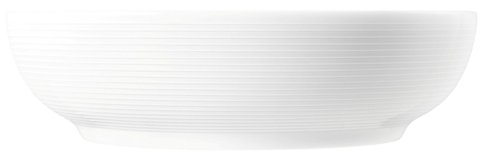 Weiße Foodbowl mit 25 cm Durchmesser, seitliche Perspektive, mit feinen horizontalen Linien.