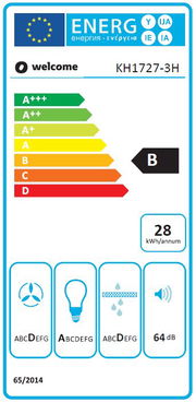 Energieeffizienzlabel für ein Küchengerät mit der Klasse B, 28 kWh pro Jahr, und 64 dB Lautstärke. Frontalansicht.