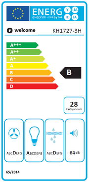 Energieeffizienzlabel für ein Küchengerät mit der Klasse B, 28 kWh pro Jahr, und 64 dB Lautstärke. Frontalansicht.