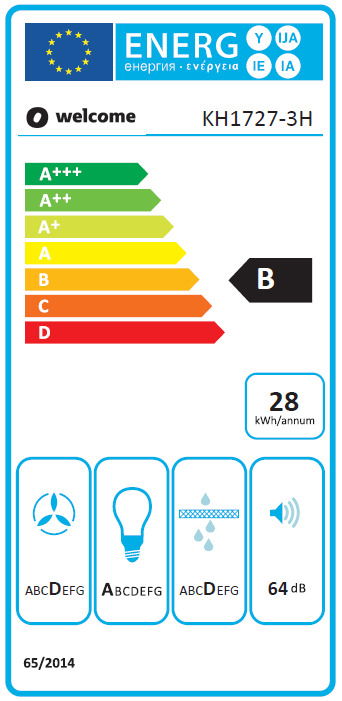 Energieeffizienzlabel für ein Küchengerät mit der Klasse B, 28 kWh pro Jahr, und 64 dB Lautstärke. Frontalansicht.