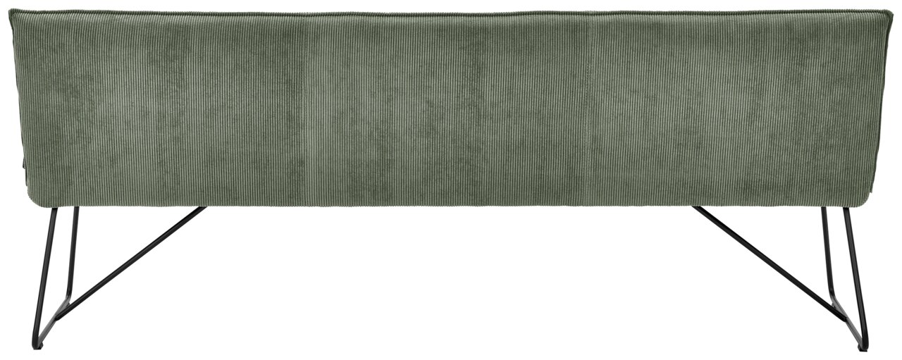 Rückansicht einer grünen Sitzbank mit Metallbeinen