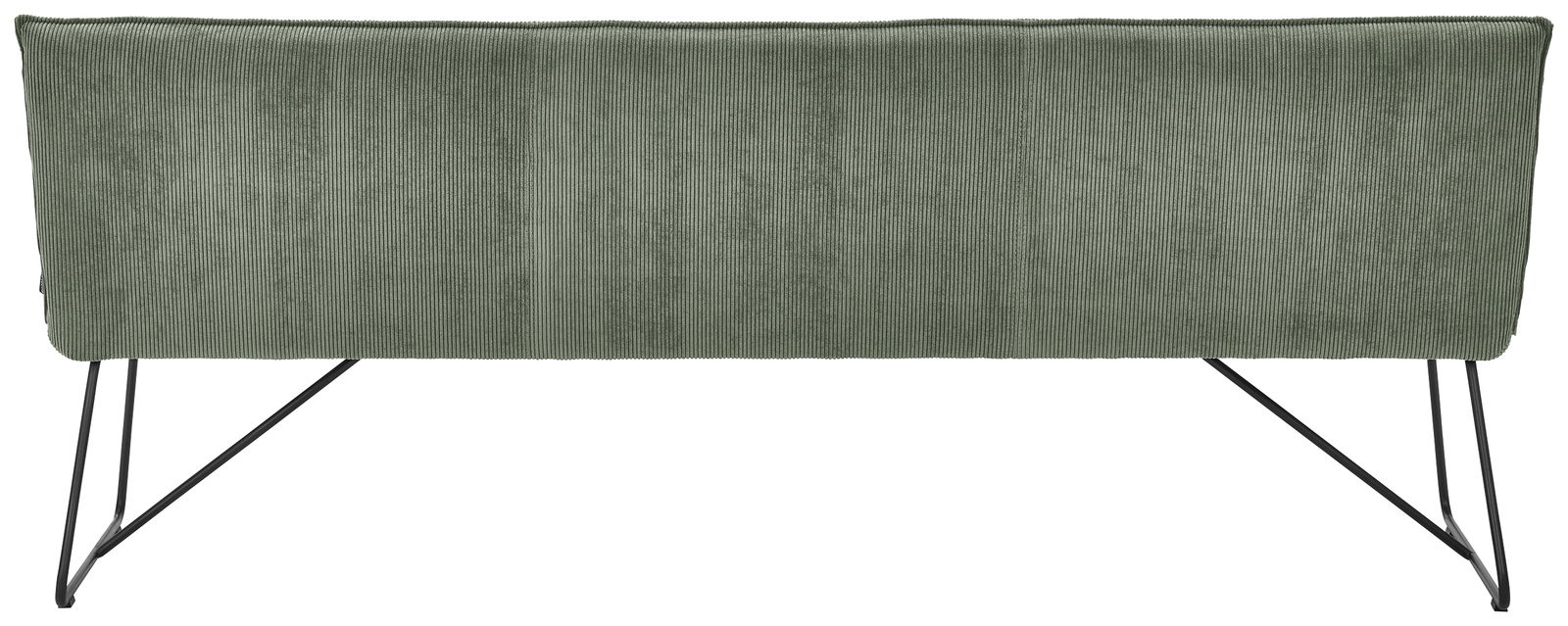 Rückansicht einer grünen Sitzbank mit Metallbeinen