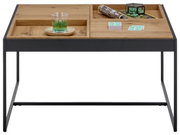 Moderner Couchtisch mit Holzplatte und schwarzem Metallgestell, frontal fotografiert. Auf der Tischplatte befinden sich ein Glas, Zeitschriften und Dekoration.