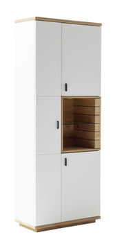 Weißes Highboard mit Holzakzenten und offenen Fächern, seitliche Perspektive