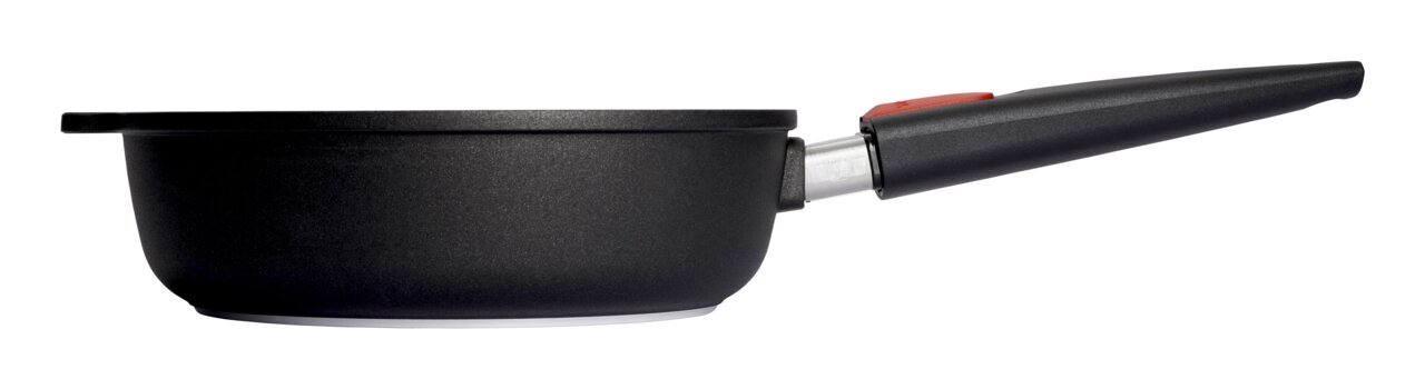 Nowo gietijzeren pan met hoge rand, 24 cm, zijaanzicht met lange handgreep