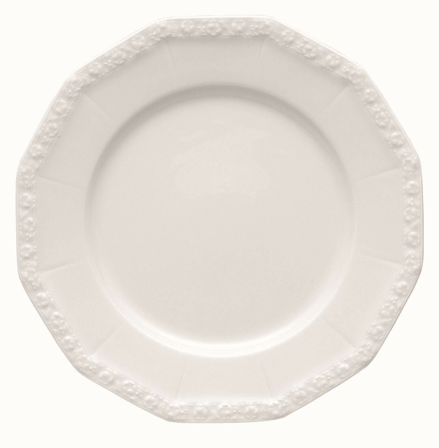 Weißer, runder Teller mit floralem Randmuster, Draufsicht