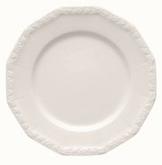 Weißer, runder Teller mit floralem Randmuster, Draufsicht