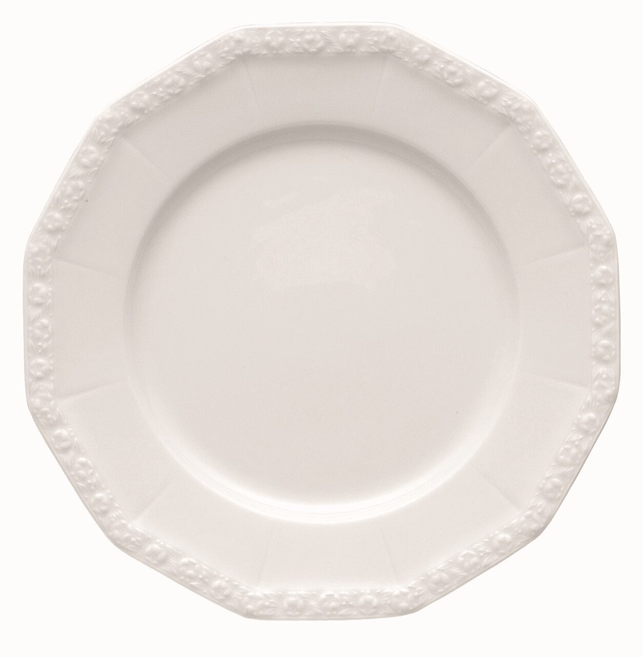 Weißer, runder Teller mit floralem Randmuster, Draufsicht