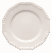 Weißer, runder Teller mit floralem Randmuster, Draufsicht