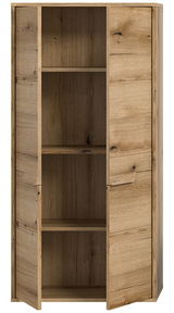 Midischrank aus Holz mit geöffneter Tür, zeigt Innenregale, Frontalansicht