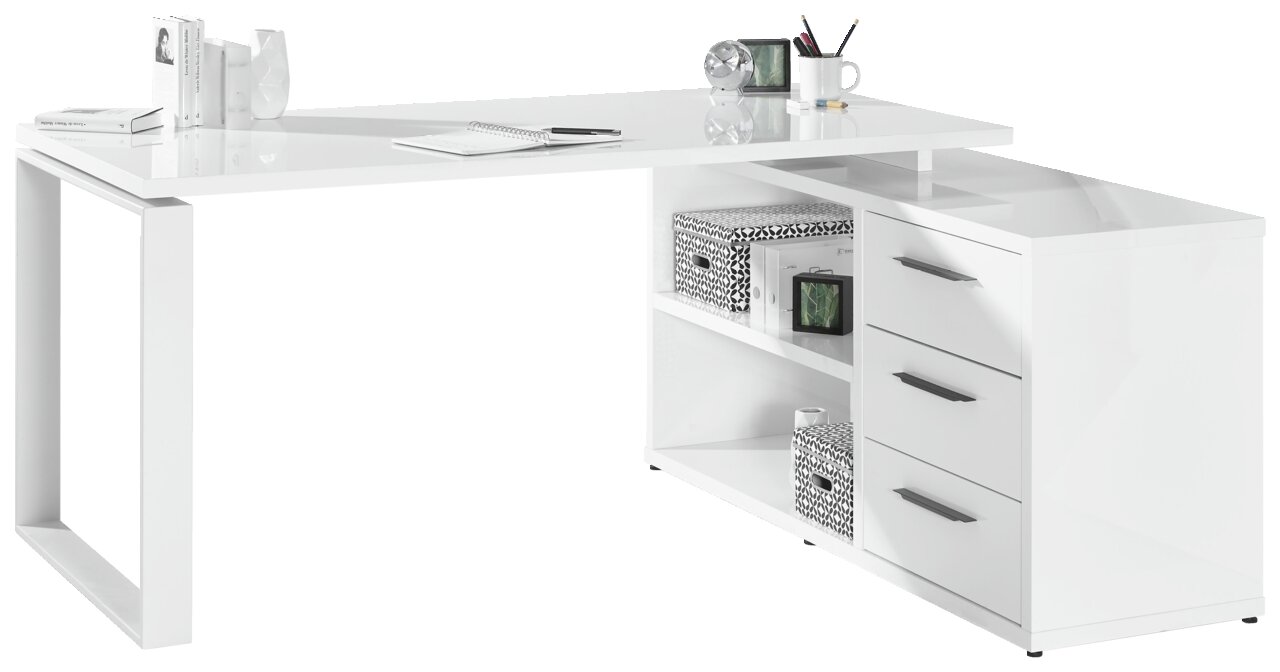 XORA Hoekbureau DIVINO Moderner weißer Eck-Schreibtisch mit glänzender Oberfläche, drei Schubladen und offenen Regalfächern, seitliche Perspektive.
