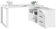 Moderner weißer Eck-Schreibtisch mit glänzender Oberfläche, drei Schubladen und offenen Regalfächern, seitliche Perspektive.