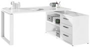 Moderner weißer Eck-Schreibtisch mit glänzender Oberfläche, drei Schubladen und offenen Regalfächern, seitliche Perspektive.