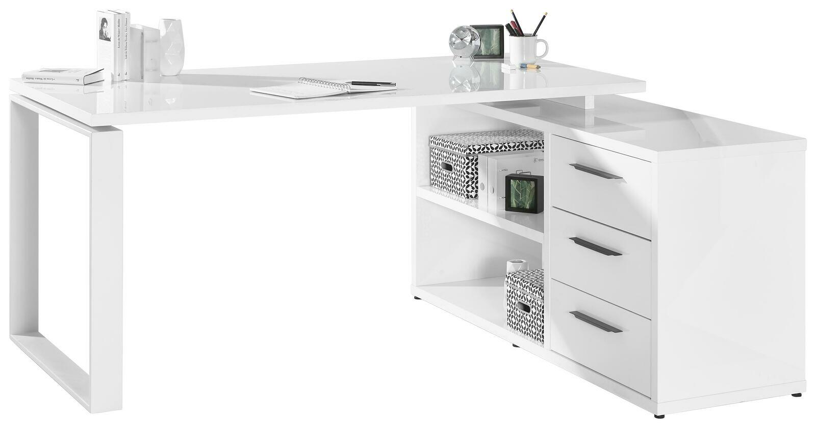 Moderner weißer Eck-Schreibtisch mit glänzender Oberfläche, drei Schubladen und offenen Regalfächern, seitliche Perspektive.