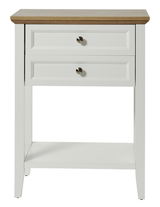 Weißer Beistelltisch mit zwei Schubladen und Holzplatte, Frontalansicht