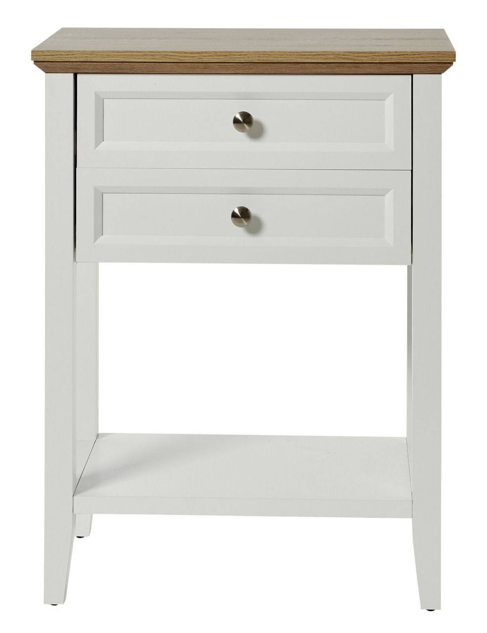 Weißer Beistelltisch mit zwei Schubladen und Holzplatte, Frontalansicht