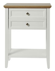 Weißer Beistelltisch mit zwei Schubladen und Holzplatte, Frontalansicht