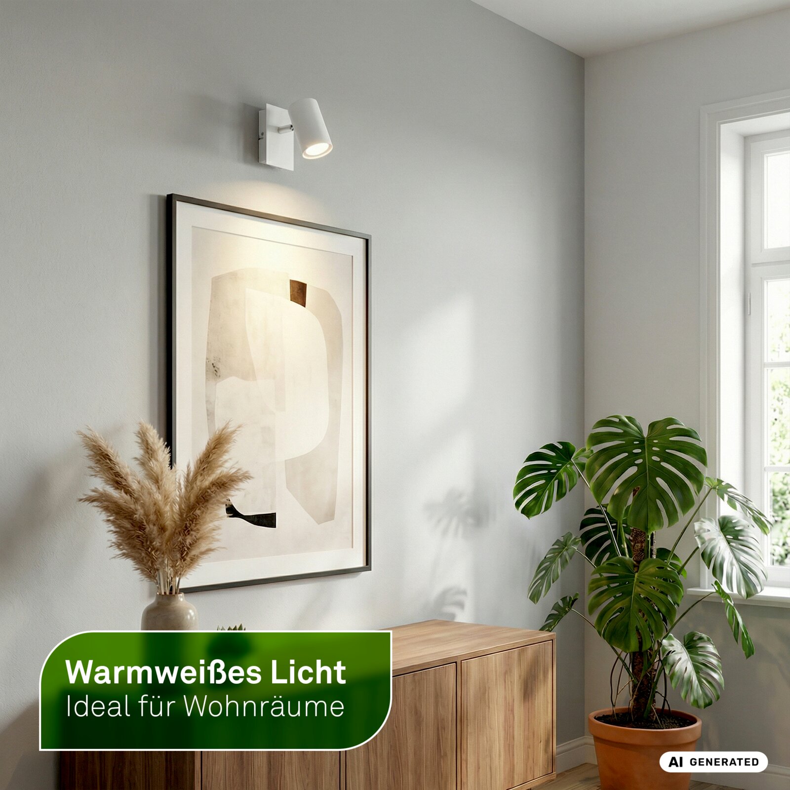 Witte verstelbare wandspot met warmwit licht, schuin van voren getoond boven een kunstwerk in een stijlvol interieur.