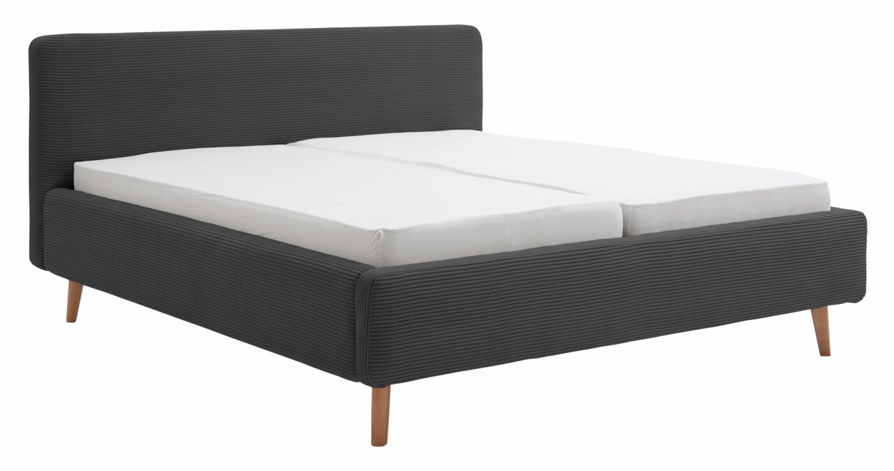 XORA Polsterbettgestell MATTIS Polsterbettgestell in dunklem Stoff mit Holzfüßen, seitliche Perspektive