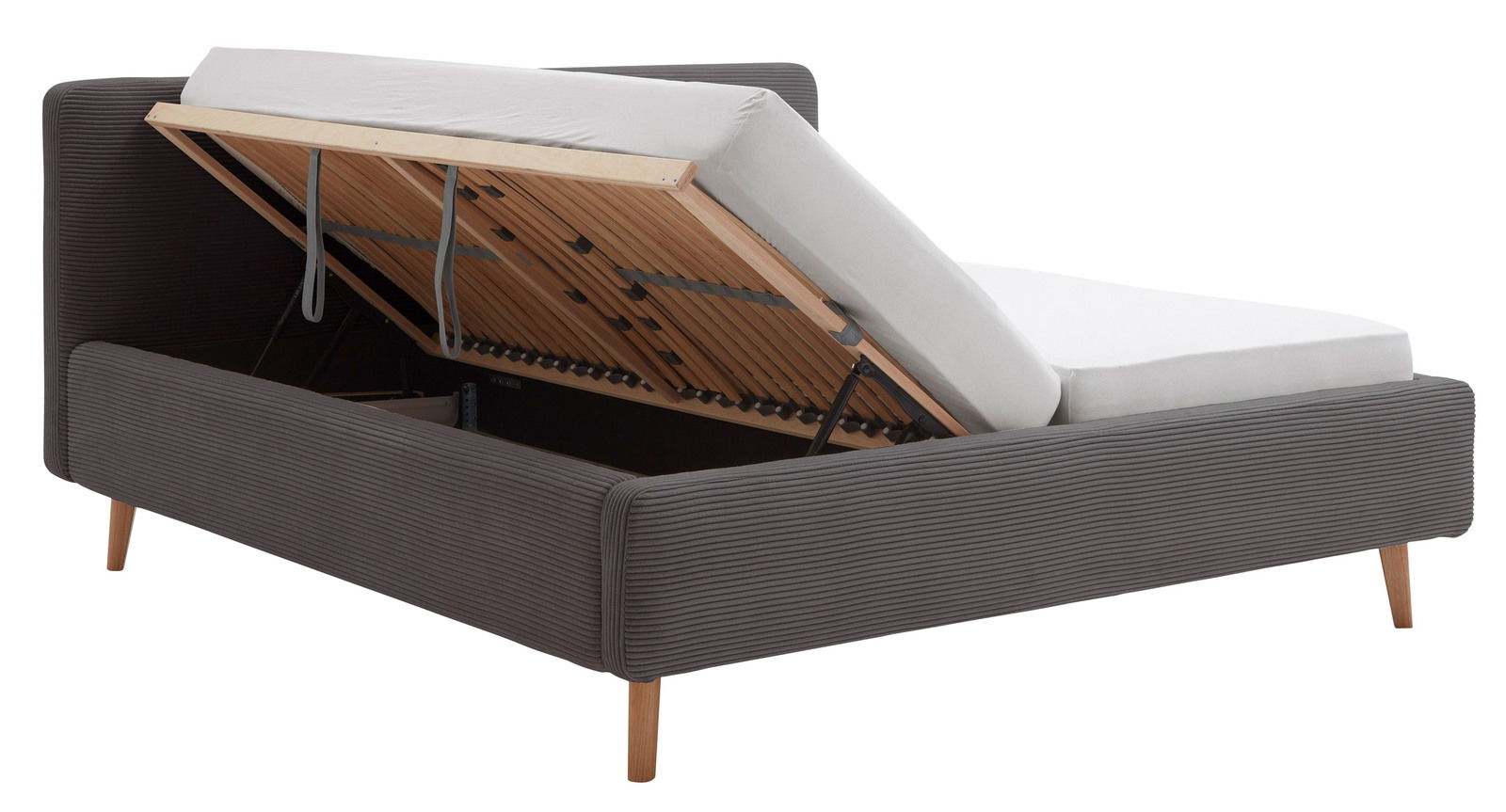 Polsterbettgestell mit hochgeklappter Matratze und Stauraum, seitliche Perspektive