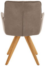 Rückansicht eines Design-Schalensessels mit braunem Lederbezug und Holzbeinen.