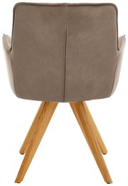Rückansicht eines Design-Schalensessels mit braunem Lederbezug und Holzbeinen.