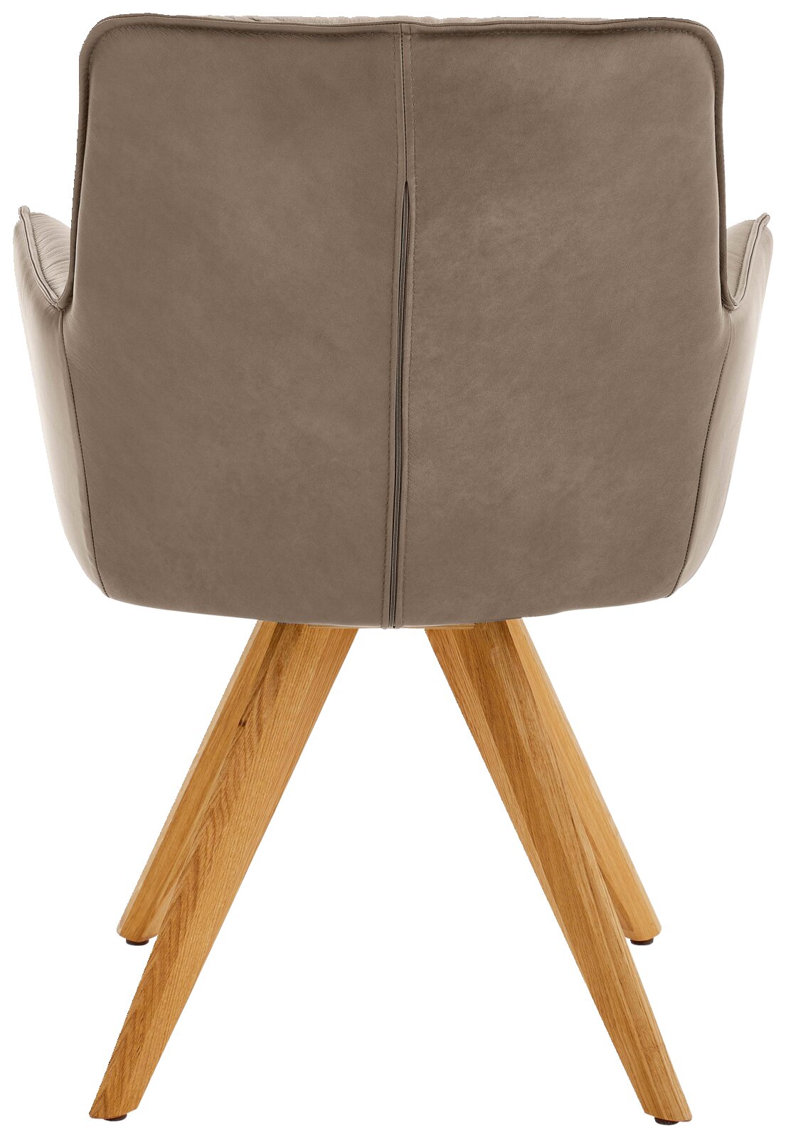 Rückansicht eines Design-Schalensessels mit braunem Lederbezug und Holzbeinen.