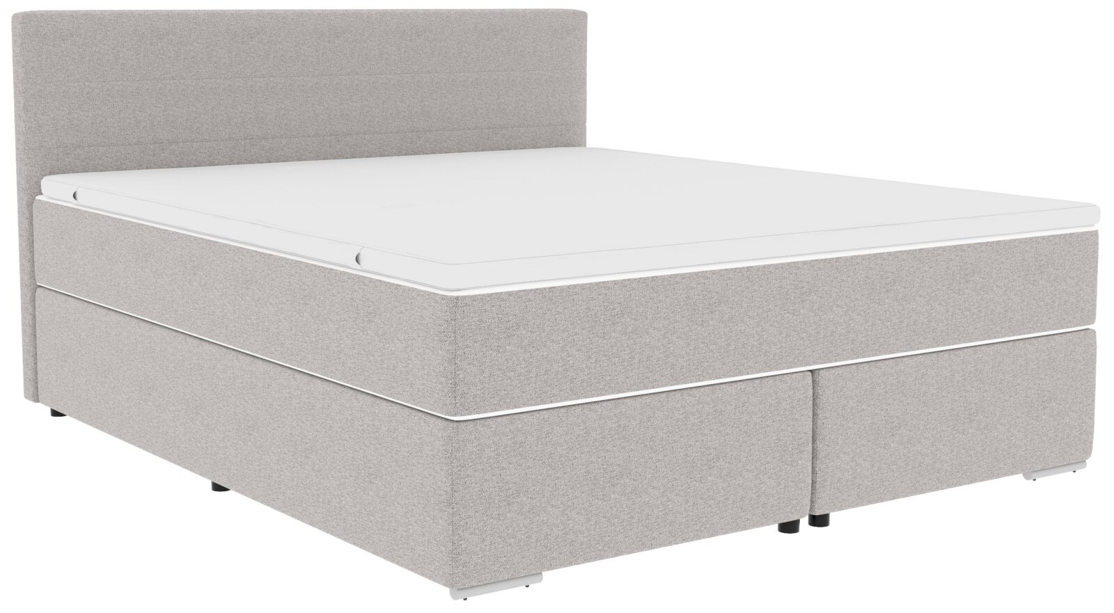 Graues Boxspringbett mit gepolstertem Kopfteil und weißem Topper, schräg von vorne (3/4-Perspektive) fotografiert