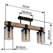 Moderne Deckenleuchte mit drei zylindrischen Glaskörpern, Holz- und Metallelementen, seitliche Perspektive
