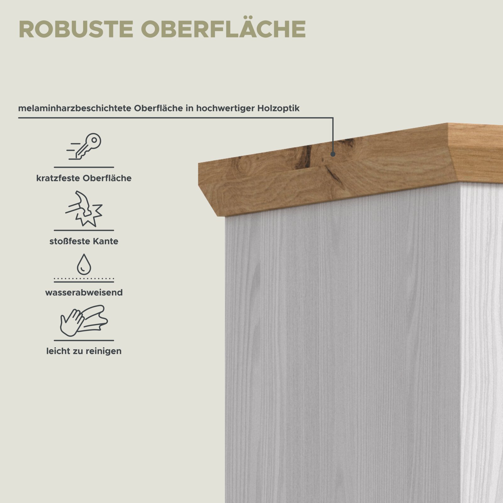 Detailansicht aus leicht schräger Perspektive von oben auf die melaminharzbeschichtete Holzoptik-Oberfläche eines Möbelstücks mit robuster, kratzfester, stoßfester, wasserabweisender und leicht zu reinigender Kante.