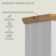 Detailansicht aus leicht schräger Perspektive von oben auf die melaminharzbeschichtete Holzoptik-Oberfläche eines Möbelstücks mit robuster, kratzfester, stoßfester, wasserabweisender und leicht zu reinigender Kante.