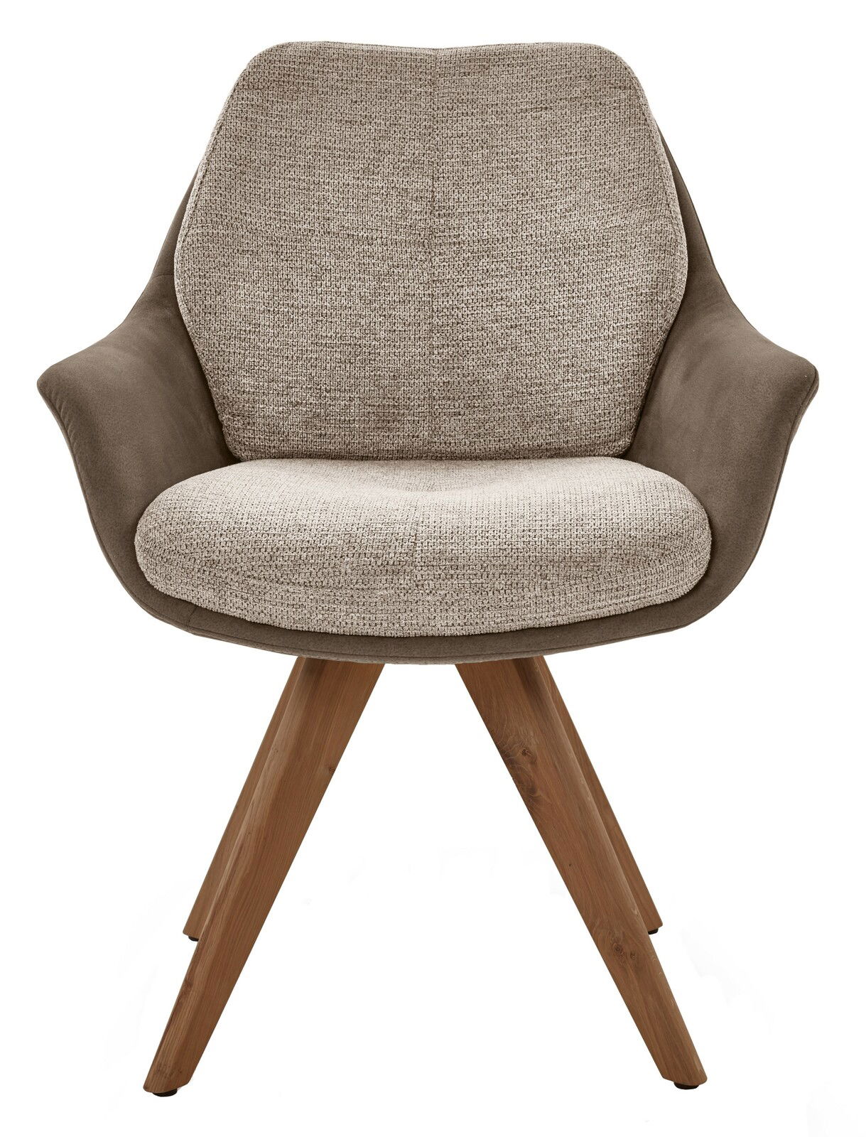 Moderner Armlehnstuhl mit beigem Stoffbezug und braunen Holzbeinen, Frontalansicht
