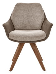 Moderner Armlehnstuhl mit beigem Stoffbezug und braunen Holzbeinen, Frontalansicht